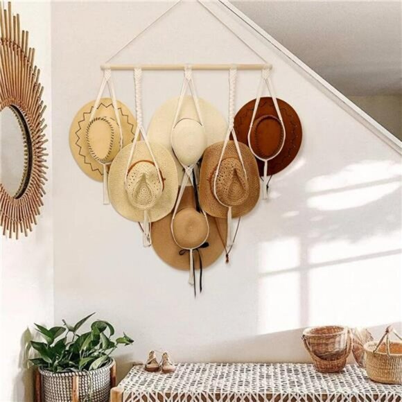 Macrame hat holder wall hanging organizer rack for wide brim boho hats - Picture 7 of 8